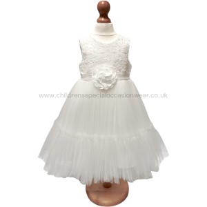 Girls Light Ivory Organza Dress with Flower Sash