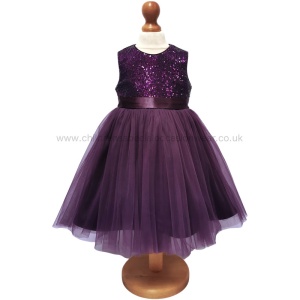 Girls Plum Organza Sequin Dress with Bow Sash