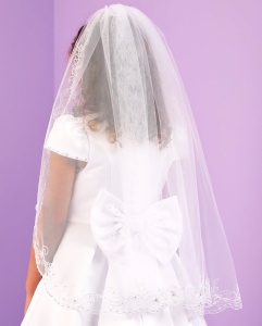 Girls White Two Tier Beaded Long Veil - Ashley P329 by Peridot