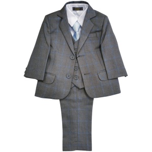 Boys Mid Grey Check 5 Piece Slim Fit Suit