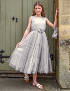 Girls Light Grey Organza Dress with Flower Sash