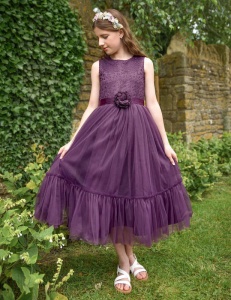 Girls Plum Organza Dress with Flower Sash