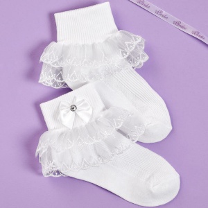 Girls White Lace Frill & Diamante Bow Communion Socks - Macy P316 by Peridot