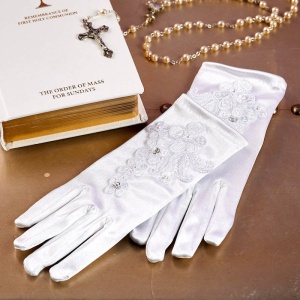 Girls White Guipure Lace Communion Gloves - Olive P322 by Peridot