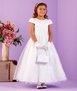 White Pearl & Sparkly Tulle Communion Dress -Tiana P299 by Peridot