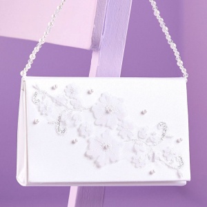 Girls White Pearl Sequin Flower Satin Bag - Samantha P312 by Peridot