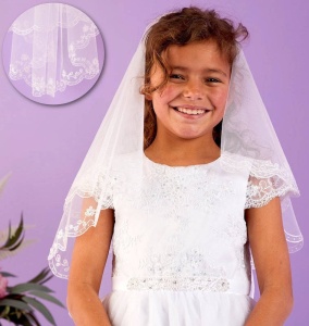 Girls White Two Tier Embroidered Veil - Sylvie P328 by Peridot