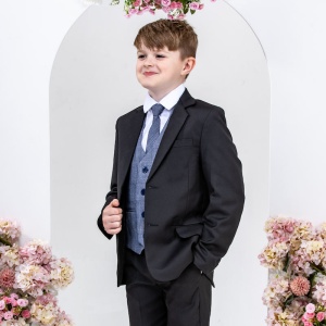 Boys Black & Navy Check Barleycorn Tweed 5 Piece Suit