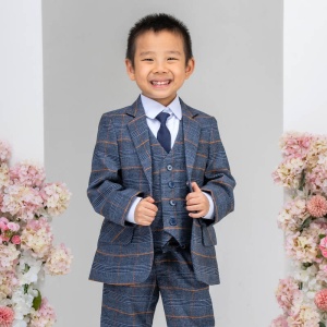 Boys Blue Tartan Check Soft Tweed 5 Piece Jacket Suit