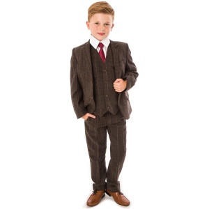 Boys Dark Brown Check Tweed Communion 5 Piece Suit, Shoes & Tie