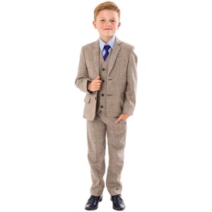 Boys Brown Herringbone Tweed Communion 5 Piece Suit, Shoes & Tie