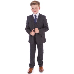 Boys Charcoal Grey Check Communion 5 Piece Suit, Shoes & Tie