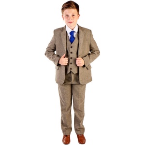 Boys Chestnut Brown Herringbone Communion 5 Piece Suit, Shoes & Tie