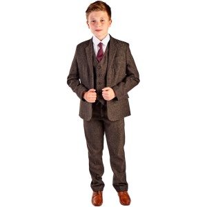 Boys Dark Brown Tweed Communion 5 Piece Suit, Shoes & Tie