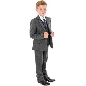 Boys Dark Grey Herringbone Tweed Communion 5 Piece Suit, Shoes & Tie