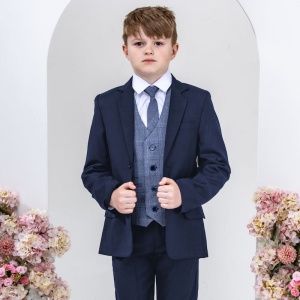 Boys Navy with Navy Check Barleycorn Tweed 5 Piece Suit