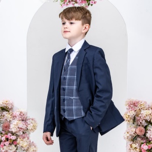 Boys Navy with Navy Tartan Check 5 Piece Suit