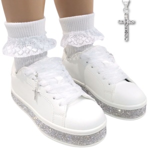 Girls White Diamante Cross Lace-Up Communion Trainers