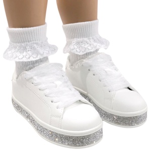 Girls White Diamante Lace-Up Trainers - Style Witney