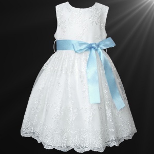 Girls White Floral Lace Dress with Baby Blue Satin Sash