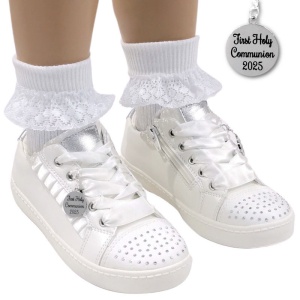 Girls White & Silver Sparkle 2025 Charm Lace-Up Communion Trainers