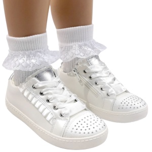 Girls White & Silver Sparkle Lace-Up Trainers - Style Cerri