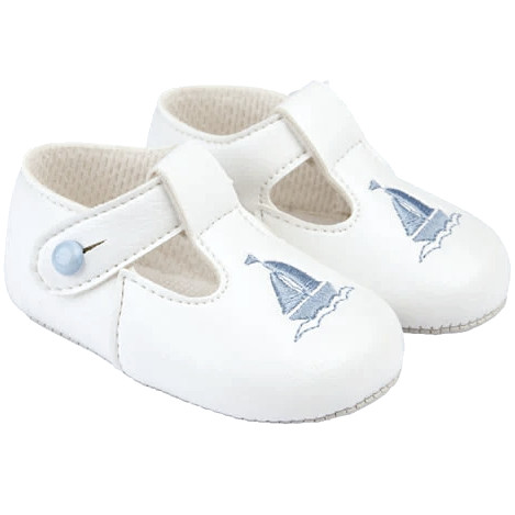 Baby Boys White & Sky Blue T-Bar Boat Pram Shoes Baypods Christening ...