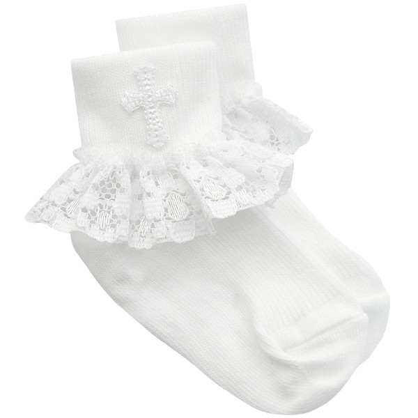Baby Girls White Lace Socks with Cross 