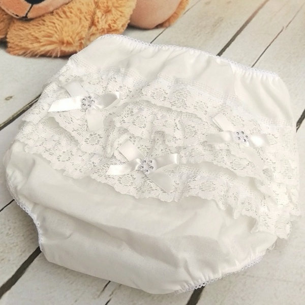 Baby Girls Ivory Bow Deep Frilly Lace Knickers Christening Baptism Wedding  Special Occasion 