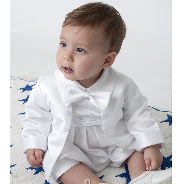 Baby Boys White Tuxedo Style Christening Romper Suit ...