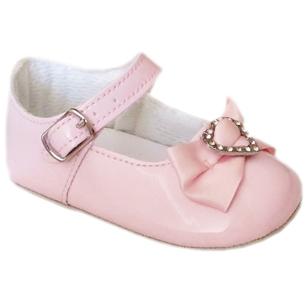 Baby Girls Pink Christening Shoes Patent Diamante Heart Bow ...