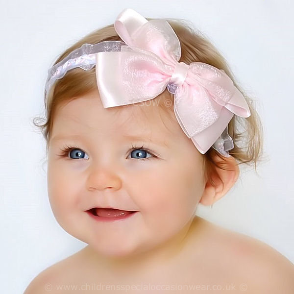 Baby Girls Pink White Christening Headband | White Satin & Organza Pink ...