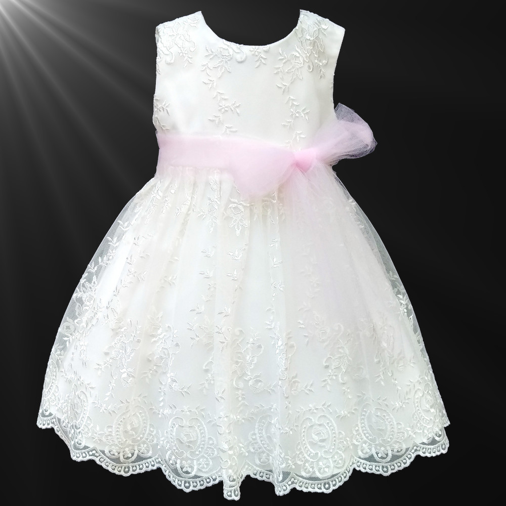 Girls Ivory Floral Lace Dress | Baby Pink Organza Sash | Flower Girl ...