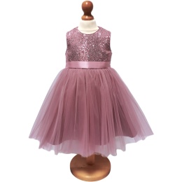 Girls Dusky Pink Organza Sequin Dress with Bow Sash