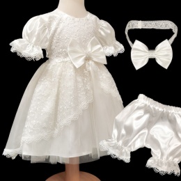 Baby Girls Ivory Lace Satin Dress, Bloomers & Headband