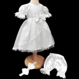 Baby Girls White Lace Satin Dress, Bloomers & Headband