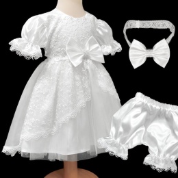 Baby Girls White Lace Satin Dress, Bloomers & Headband