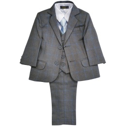 Boys Mid Grey Check 5 Piece Slim Fit Suit