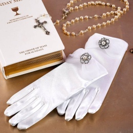 Girls White Diamante & Pearl Bow Communion Gloves -Dora P324 by Peridot