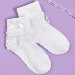 Girls White Lace Frill & Pearl Bow Communion Socks - Elsie P338 by Peridot