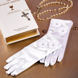 Girls White Sequin Flower Communion Gloves - Flora P319 by Peridot