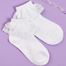 Girls White Double Lace Frill Communion Socks - Louise P292 by Peridot