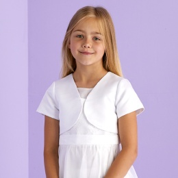 Girls White Duchess Satin Short Sleeved Bolero - Millie P136 by Peridot