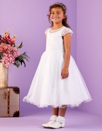 White Sparkly Tulle Tea Length Communion Dress - Lana P302 by Peridot