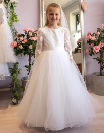 White Lace & Tulle 3/4 Sleeve Communion Dress - Gabrielle P342 by Peridot