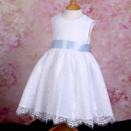 Girls White Fringe Lace Dress with Baby Blue Satin Sash