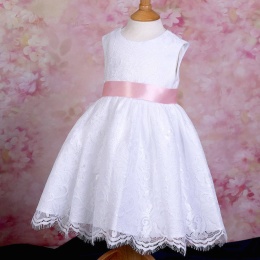 Girls White Fringe Lace Dress with Baby Pink Satin Sash