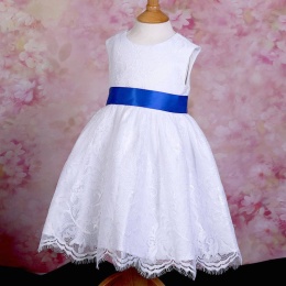 Girls White Fringe Lace Dress with Royal Blue Satin Sash