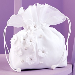 Girls White Diamante Flower Satin Dolly Bag - Rita P315 by Peridot