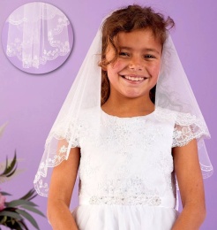 Girls White Two Tier Embroidered Veil - Sylvie P328 by Peridot